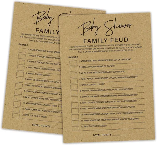 Miniatura 29 de Family Feud - Juego de baby shower, paquete de 30 tarjetas, clave de respuestas, decoraciones de género neutro, suministros de juego