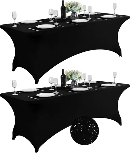 Miniatura 23 de SuperO - Paquete de 2 manteles de elastano impermeables para mesas de 6 pies, mantel elástico universal ajustable para fiestas, banquetes, bodas