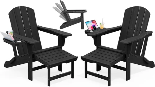 Miniatura 50 de KINGYES Silla Adirondack plegable ajustable con otomana retráctil, silla reclinable Adirondack de polietileno de alta densidad con soporte