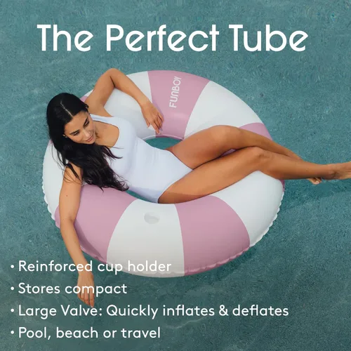 Miniatura 3 de FUNBOY Giant Vintage Stripe Inflatable Tube Pool Float with Cup Holder 48" Large Pool Float for Adults Inner Tube Swimming Pool Toys Swim Rings Pool