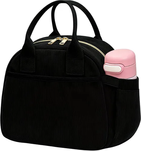Miniatura 16 de Carry bloom Lonchera para mujer, lonchera aislada, bonita lonchera de pana reutilizable para el trabajo (1 rayas blancas y negras)