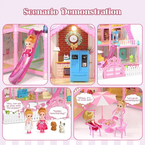 Miniatura 6 de Casa de Muñecas Randhar para Niñas con Luces, 3 Muñecas, 4 Pisos - 13 Habitaciones, 7 Conjuntos de Muebles y Accesorios, Regalo de Diseño