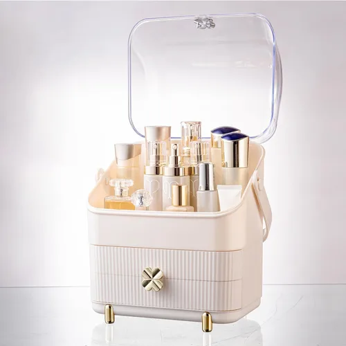 Miniatura 2 de Organizador de maquillaje Preppy para el cuidado de la piel, caja de almacenamiento de cosméticos, vitrina de 3 niveles, cubierta libre de polvo