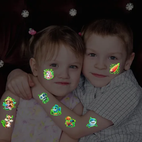 Miniatura 4 de Tatuajes temporales 3D que brillan en la oscuridad para niños, 117 unicornios, sirena, camión, dinosaurio, caricatura, animales, tatuajes falsos