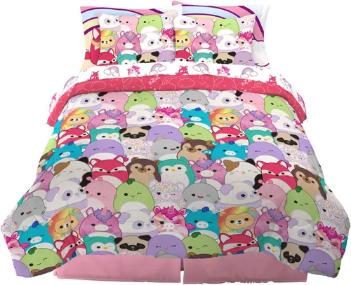 Franco - Juego de edredón y sábanas supersuaves con funda de almohada, para niños, 7 piezas, tamaño matrimonial, Squishmallows
