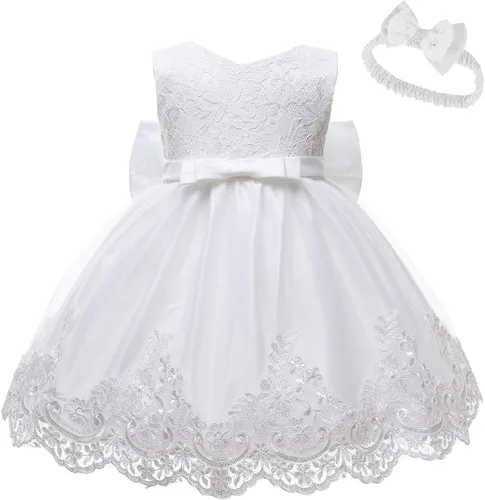 Miniatura 2 de Vestido de encaje con lazo de flores para bebé, princesa, boda, cumpleaños, concurso, bautismo, bautizo, tutú con gorro