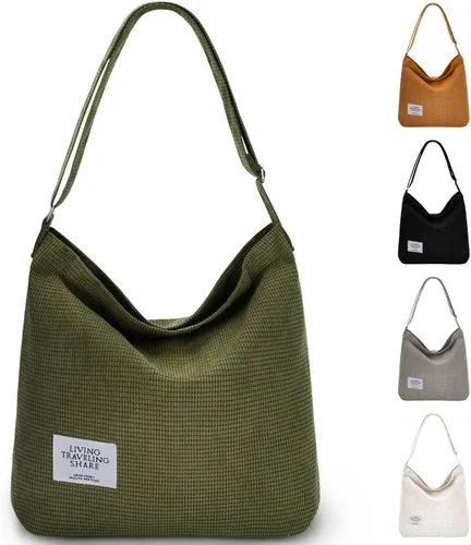 Gocvo Bolso de mano de pana para mujer, bolso de hombro grande con cremallera, bolso cruzado con cordón y bolsillo interior