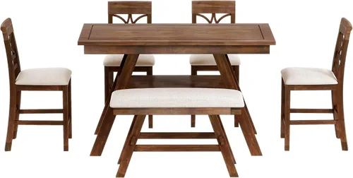 Miniatura 7 de SOFTSEA Juego de mesa de comedor de estilo rústico de 6 piezas para 6, mesa de cocina de madera con banco y 4 sillas tapizadas, juego de mesa