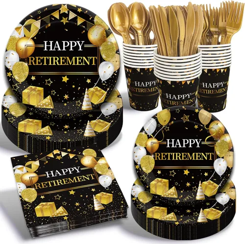 Kepeel 168 piezas de suministros para fiesta de jubilación, decoraciones de fiesta de jubilación negro dorado para mujeres, platos de papel