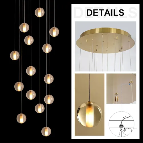 Miniatura 4 de Lámpara de escalera de 14 luces para techo alto, lámpara colgante de cristal moderna ajustable en forma de gota de lluvia, gran luz larga para Dosel