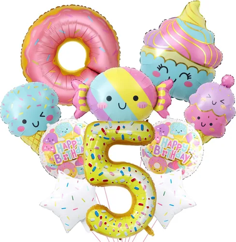 Miniatura 12 de 10 globos de helado, globos de papel de aluminio Mylar con número de dona de caramelo, temática de helado, suministros de fiesta de primer cumpleaños