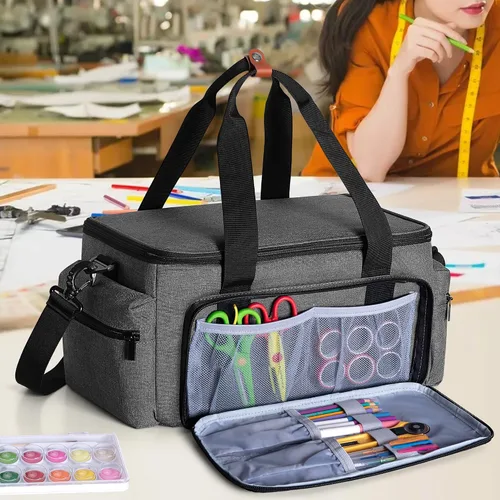 Miniatura 9 de LUXJA Bolsa de manualidades de gran capacidad con correa para el hombro, bolsa de manualidades para arte, álbumes de recortes o suministros de Negro