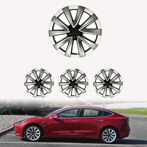Miniatura 8 de KAVANIC 4 piezas de tapacubos para Tesla Model 3, cubiertas de rueda de 18 pulgadas, tapa de rueda mate negra con logotipo de estilo arácnido