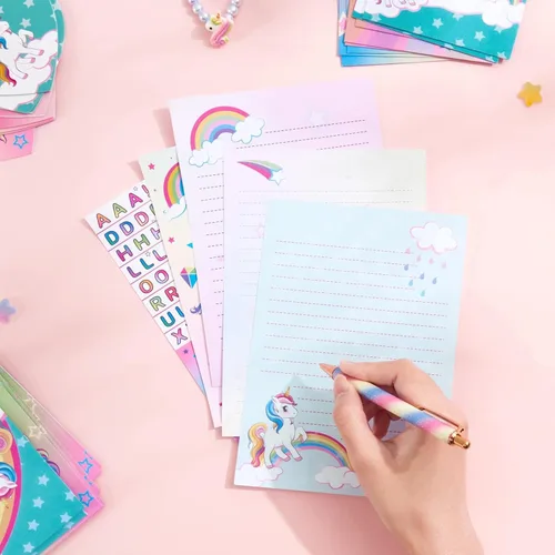 Miniatura 7 de WERNNSAI Juego de 69 cartas y sobres de papelería, unicornio para niños, papel de escritura y sobre, regalos de cumpleaños de Navidad para niñas