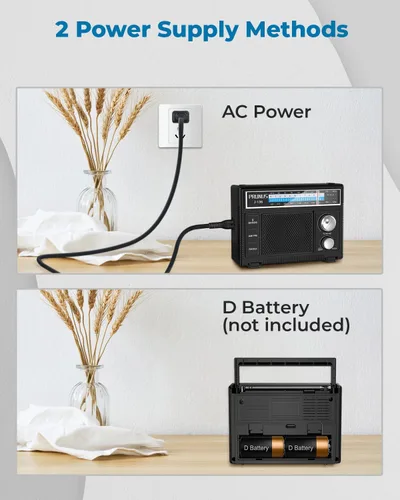 Miniatura 3 de PRUNUS J-136 Radio AM FM portátil con la mejor recepción, funciona con pilas D o enchufe en la pared, radio transistor, soporte de altavoz AUX
