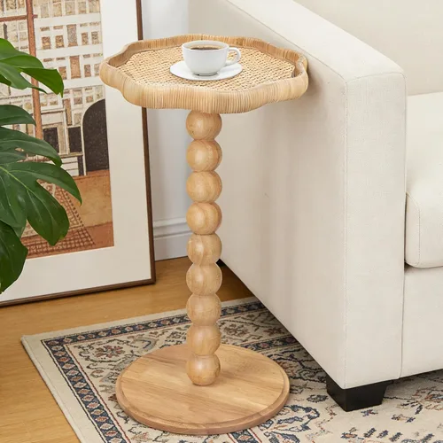 Miniatura 8 de Mesa de bebidas, mesa auxiliar redonda pequeña de ratán bohemio para espacios pequeños, mesa auxiliar circular de madera maciza para sala de estar