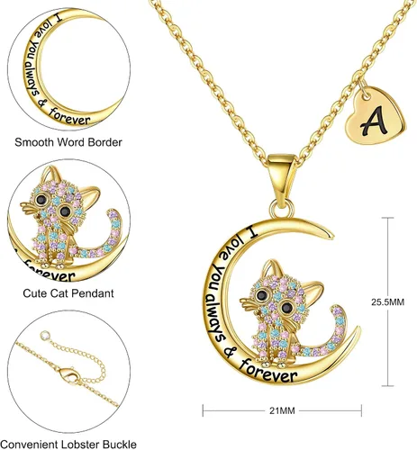 Miniatura 5 de IEFWELL Regalos de gatos para amantes de los gatos, collar de gato chapado en oro de 16 quilates con circonita cúbica colorida, collar con inicial