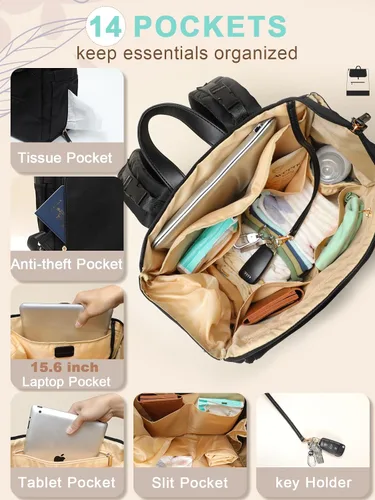 Miniatura 6 de MOMINSIDE Mochila para pañales – Bolsa de pañales grande para bebé con 14 bolsillos, mochila de viaje de cuero y nailon para mamá, bolsa de Negro