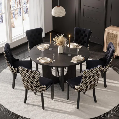Miniatura 30 de Mesa de comedor redonda de 47 pulgadas para juego de mesa de cocina rústica de 6,7 piezas, mesa de comedor de granja, sillas negras de alta gama