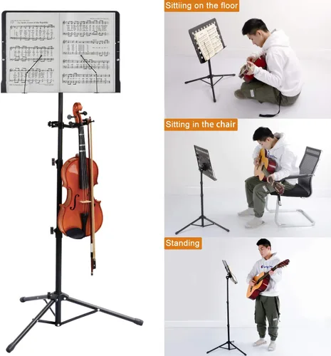 Klvied Soporte de partituras profesional con colgador de violín, soporte plegable y portátil para violín con estuche de viaje, color negro