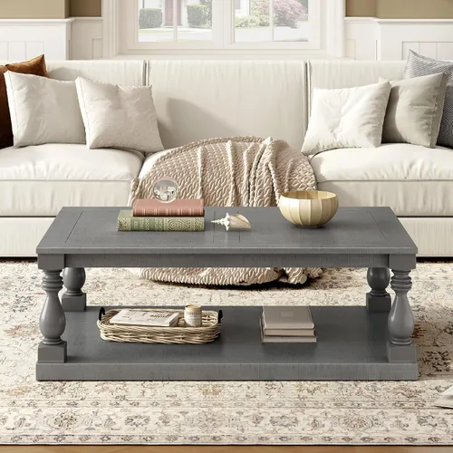 Mesa de centro vintage de chapa de pino de estilo antiguo con jarrón artístico patas de columna para sala de estar y estudio, mesa decorativa de Gris