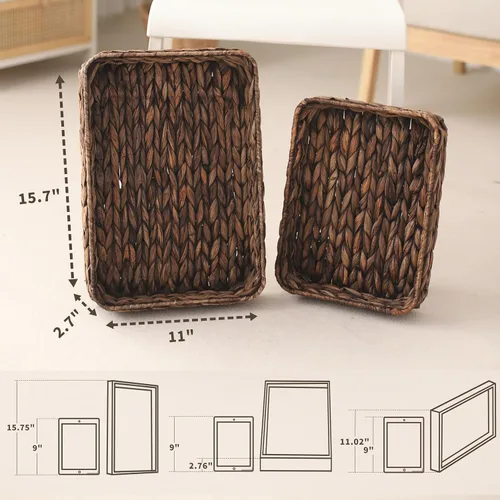 Miniatura 3 de Bandeja de servir tejida de jacinto de agua rectangular Bandejas de almacenamiento de mimbre tejidas a mano para café/desayuno/postre/fruta/pan