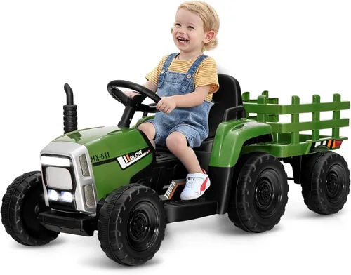 OLAKIDS Tractor de paseo para niños de 12 V, vehículo eléctrico 2 en 1 con control remoto, remolque desmontable, juguete de conducción a batería