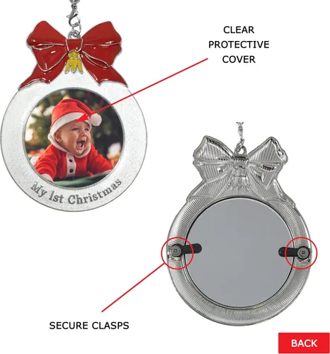 Miniatura 6 de Adorno fotográfico de la primera Navidad del bebé con un dije de 2025 - Con forma de bombilla con purpurina blanca y lazo rojo - Bolsa incluida