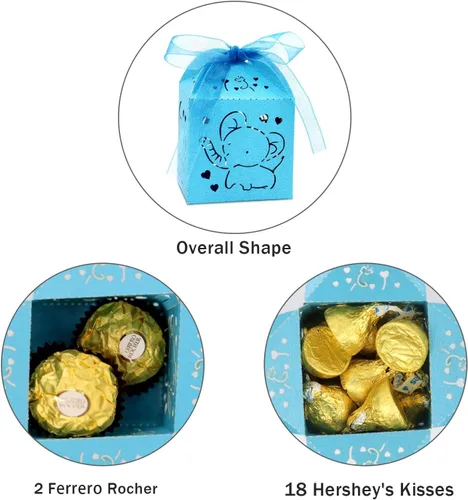 Miniatura 3 de Kslong Cajas azules de recuerdo de baby shower, 50 cajas de recuerdo de elefante para bebé niño, cajas de dulces cortadas con láser con cinta
