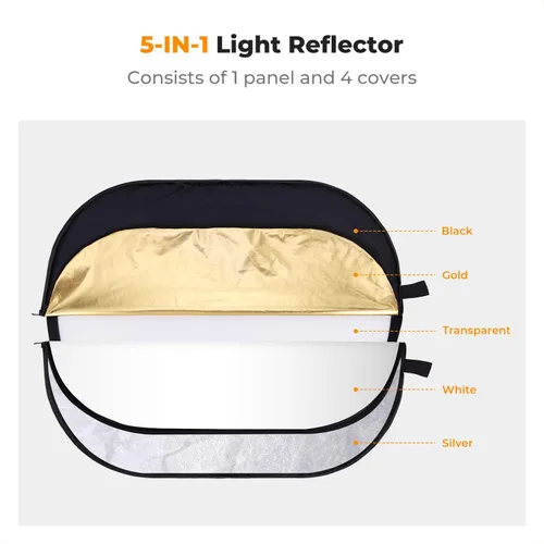 Miniatura 3 de K&F CONCEPT 24" x 36" (60x90cm) Reflector Oval Plegable 5 en 1 con Bolsa de Transporte, Tela Reflectante Oro, Plata, Negro, Blanco y Tela