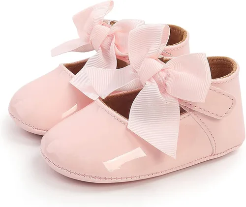 Miniatura 5 de QWZban Zapatos planos Mary Jane con Bownot antideslizante suela suave de piel sintética para recién nacidos, bebés, primeros caminantes