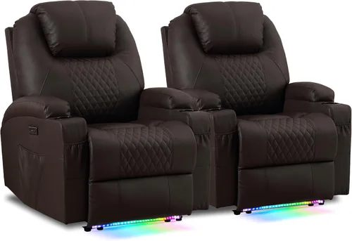 Miniatura 11 de AHMED Silla reclinable eléctrica con masaje por vibración y calor para adultos, asiento de cine en casa de piel sintética con portavasos, luces LED