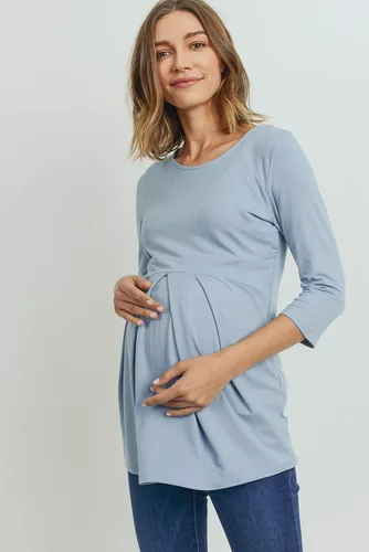 Miniatura 27 de LaClef - Blusa de maternidad para mujer, cuello redondo, manga 3/4, plisada al frente, estilo peplum