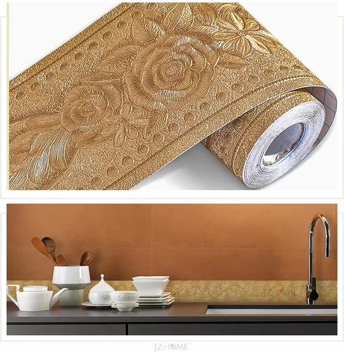 Miniatura 5 de 204 Borde de papel pintado despegar y pegar 3D decorativo moldeado floral 4.2''×16.4 pies Oro Rosa autoadhesivo para azulejos adhesivo de borde
