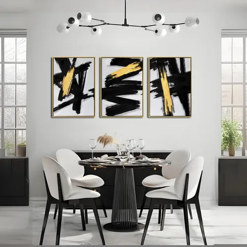 Miniatura 4 de Sofoney - Lienzo abstracto enmarcado en oro negro y dorado, impresiones artísticas 3D texturizadas con pinceladas negras con lámina dorada