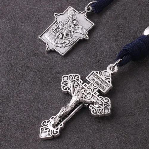 Miniatura 16 de Rosario de bolsillo estilo abierto una década de acero inoxidable rosario católico con crucifijo medalla de San Benito con bolsa de regalo
