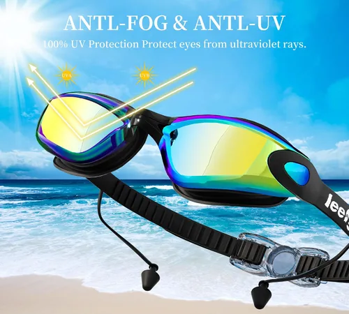 Miniatura 2 de Juego de gafas de natación sin fugas, antivaho y anti-UV, clip de nariz, gorro de natación y estuche para hombres, mujeres y adultos Dorado