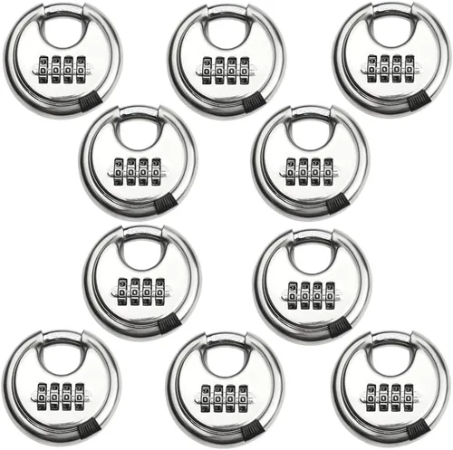 Paquete de 10 candados de disco de acero inoxidable de 4 dígitos (3 pulgadas) de combinación para exteriores para almacén, cobertizos, casilleros de