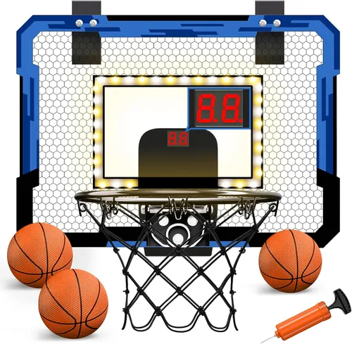 Miniatura 12 de QDRAGON Aro de baloncesto para interiores para niños, mini aros de baloncesto sobre la puerta con 7 luces LED, juguetes de baloncesto, regalos