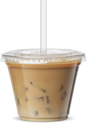 GUSTO Vasos de plástico transparente con tapas planas [9 onzas – 100 unidades] – Tazas desechables para café helado con tapas – Vasos fríos de