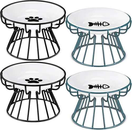 Miniatura 10 de Roshtia 4 juegos de cuencos elevados de cerámica para gatos con soporte de metal, platos aptos para lavavajillas, platos elevados antideslizantes