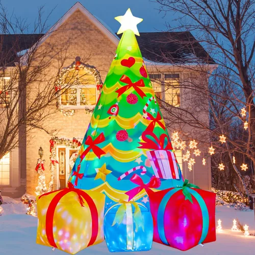 COMIN - Árbol de Navidad inflable de 2.13 m para decoración al aire libre, caja de regalo, inflable con LED integrados para fiesta en interiores,