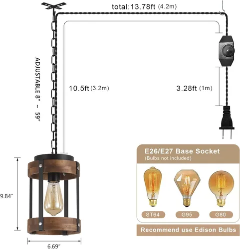 Miniatura 4 de Lámpara Colgante Rústica de Granja con Enchufe con Cadena Ajustable, Interruptor Regulable, Jaula de Tambor de Madera de Roble y Metal, Mini Lámpara