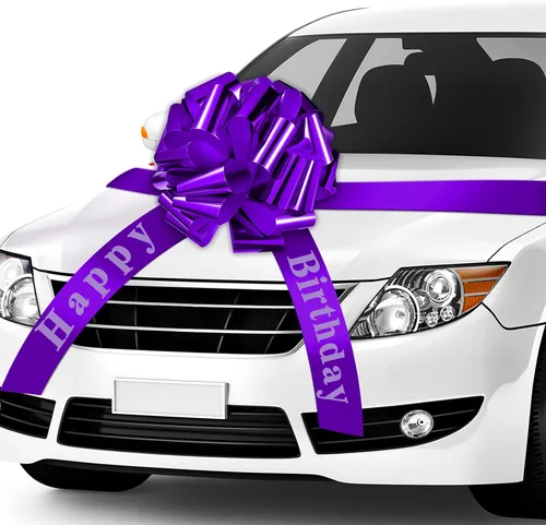 Miniatura 12 de Lazo Grande de Coche de Feliz Cumpleaños, Lazo Decorativo Grande para Envolver Regalos, Lazo Gigante con Cinta de Tirar para Decoración de Fiestas