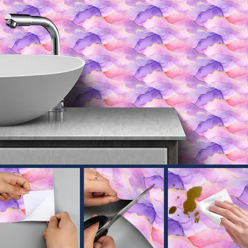 Miniatura 4 de HOMETITUTE Papel tapiz de acuarela pastel para despegar y pegar, patrón degradado morado y rosa, 118.1 x 17.7 pulgadas, papel adhesivo autoadhesivo