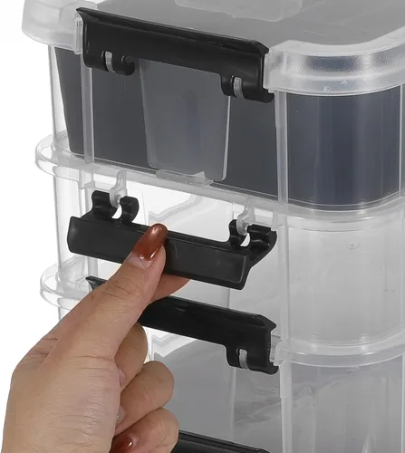 Miniatura 9 de JUXYES Paquete de 2 Cajas de Almacenamiento Apilables y Portátiles de 3 Niveles con Bandeja Dividida, Contenedor de Almacenamiento Apilable