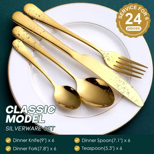 Miniatura 2 de OGORI - Juego de cubiertos dorados de acero inoxidable forjado, 24 piezas, servicio de 6