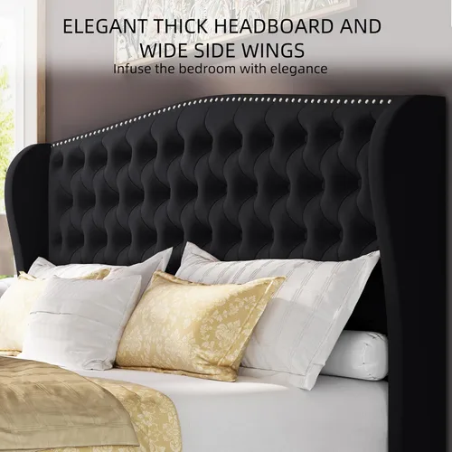 Miniatura 3 de BRELTAM Marco de cama tapizado tamaño Queen en terciopelo color beige con cabecera y pie de cama acolchados con botones profundos y soporte