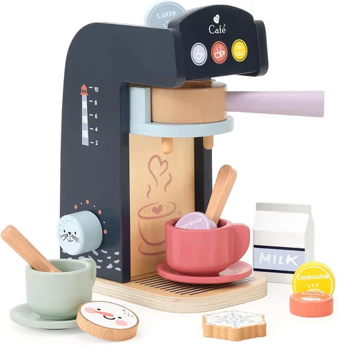 Miniatura 9 de PairPear Juego de simulación de cafetera de espresso de madera 18 piezas Set de barista con cápsulas, tazas y galletas, accesorio de cocina