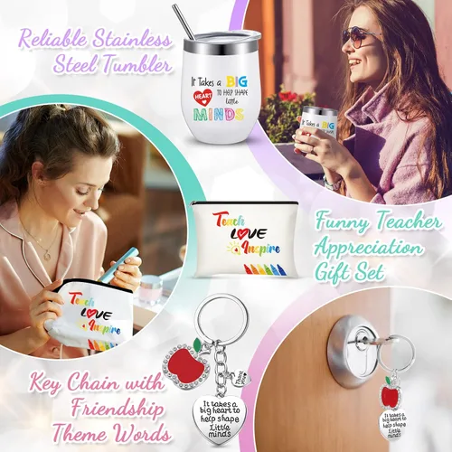 Miniatura 4 de Geiserailie Set de regalo de agradecimiento para profesores, vaso de vino, llavero, bolsas de maquillaje con caja (estilo fresco)